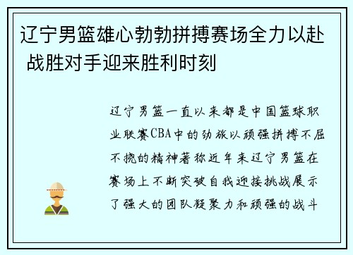 辽宁男篮雄心勃勃拼搏赛场全力以赴 战胜对手迎来胜利时刻